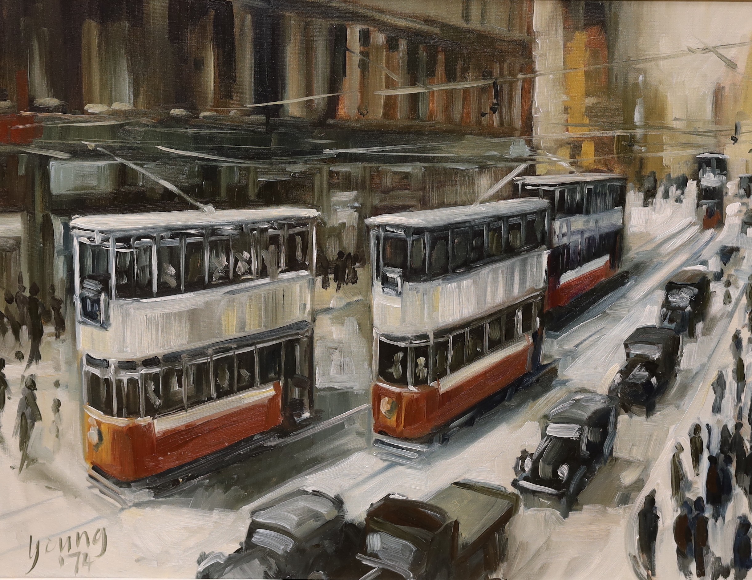 Malcolm Young (b.1937), oil on board, Street scene with trams, signed and dated '74, 44 x 59cm